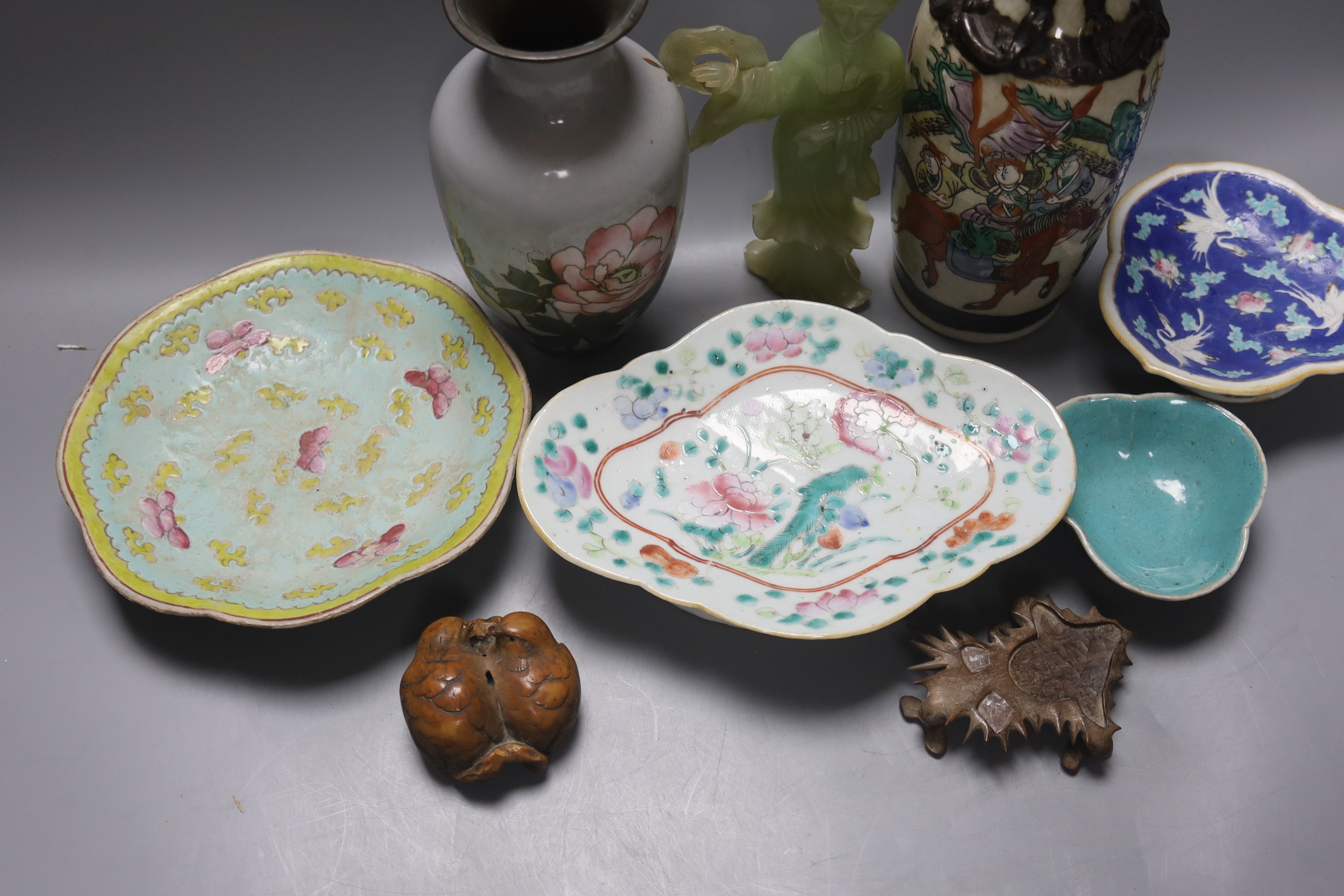 A group of 19th century Chinese porcelain dishes and a vase, and a Japanese ‘bird’ carving etc.